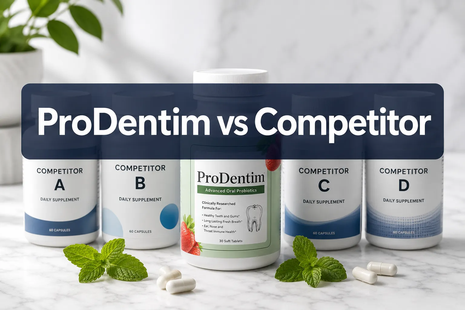 ProDentim vs BioDentex: Which Oral Health Supplement Is Better? 1 Professional () hero image with 'ProDentim vs Competitor' in crisp white on a deep navy semi-transparent panel, centered