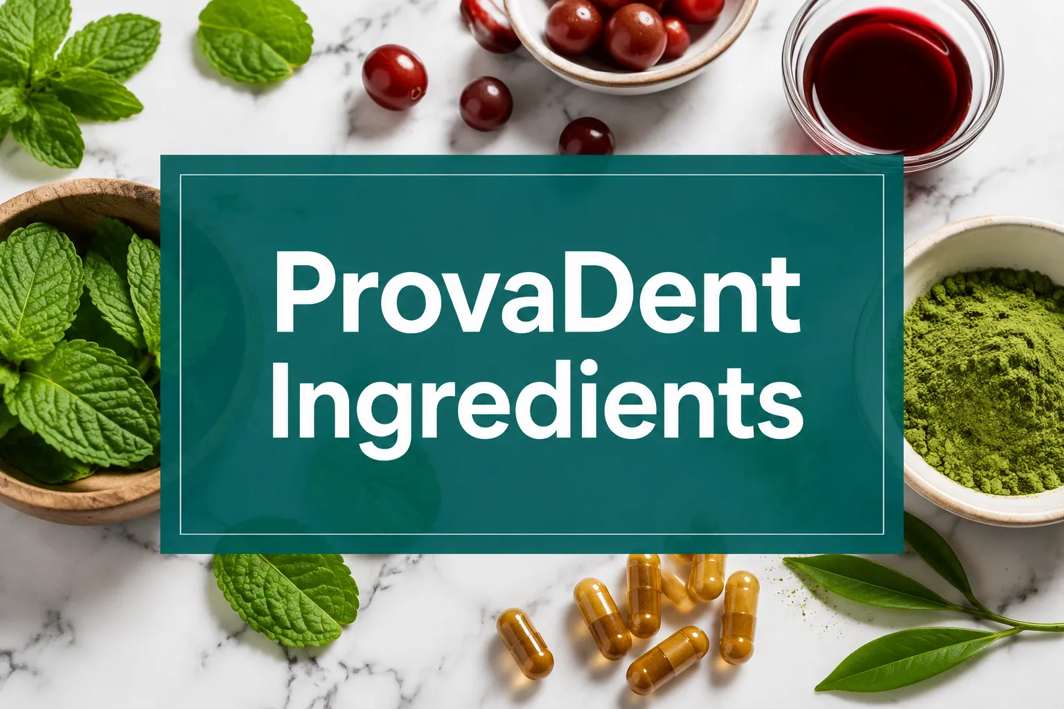 ProvaDent ingredients 1 Professional () hero image with 'ProvaDent Ingredients' in crisp white on a deep teal semi-transparent panel, centered with