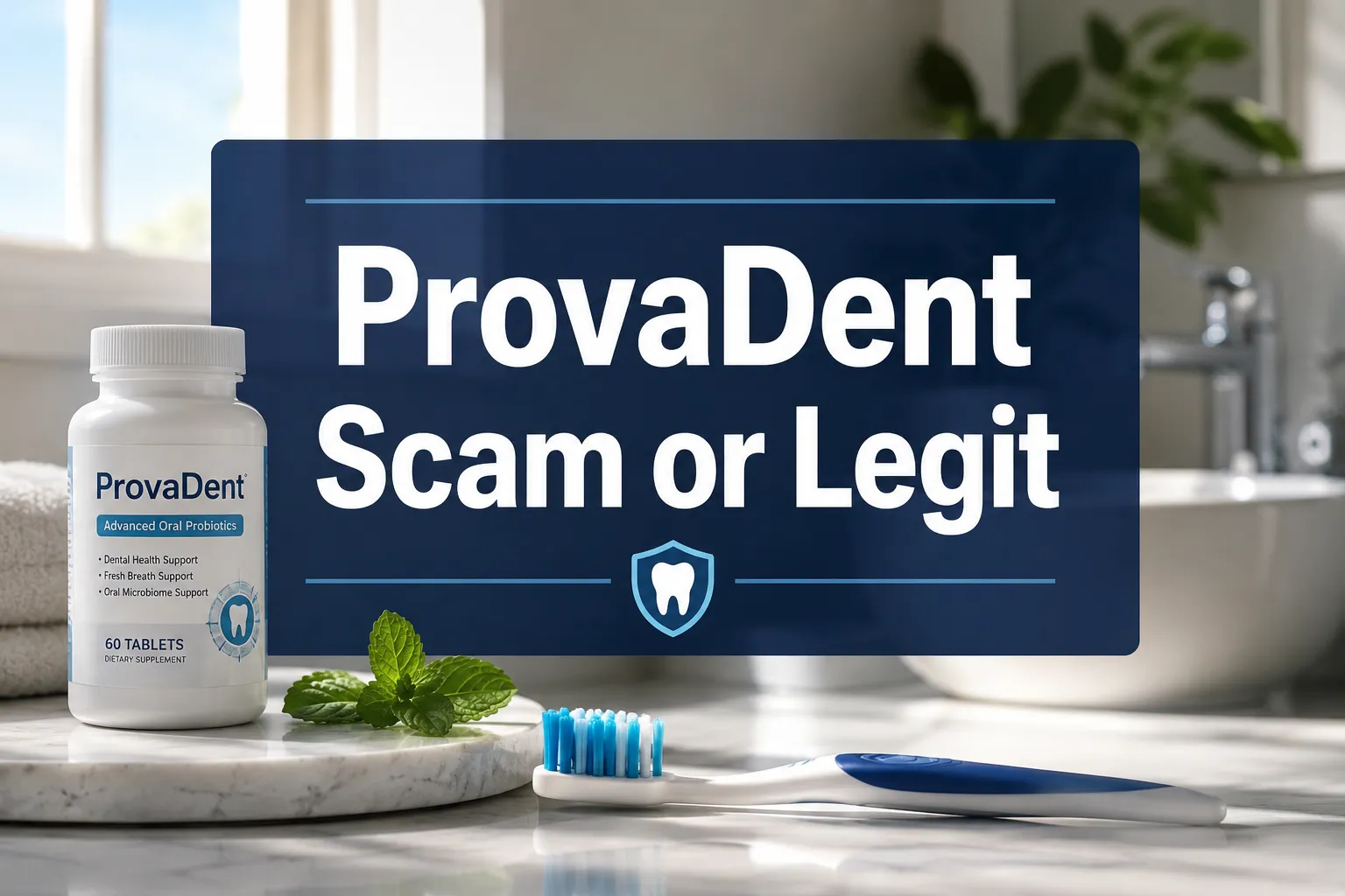 ProvaDent Scam or Legit 1 Professional () hero image with 'ProvaDent Scam or Legit' in crisp white on a deep navy semi-transparent panel, centered