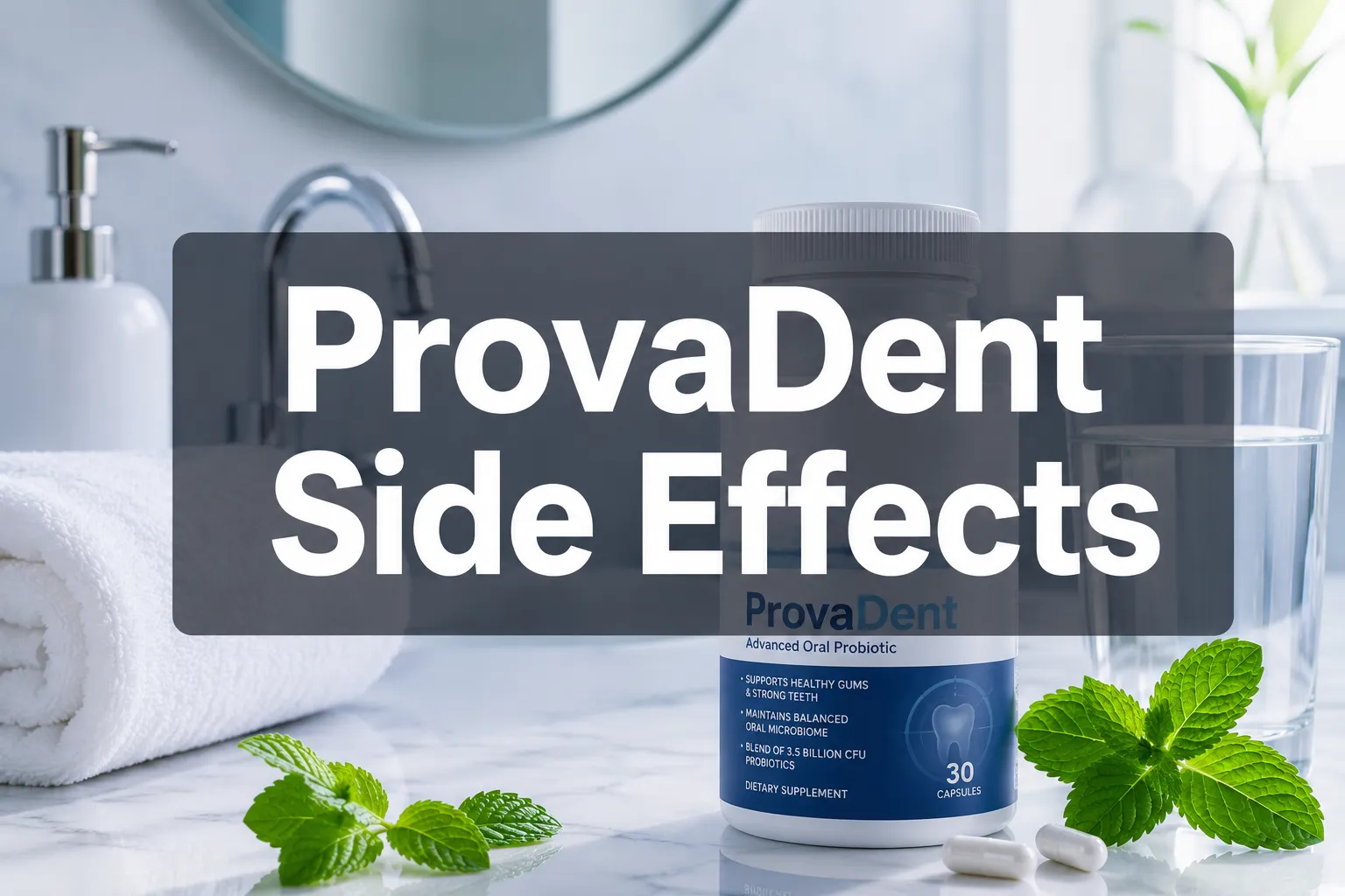 ProvaDent Side Effects 1 Professional () hero image with 'ProvaDent Side Effects' in crisp white on a semi-transparent dark panel, centered with 8%