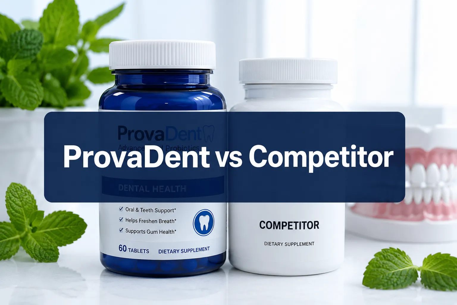 ProvaDent vs Competitor 1 Professional () hero image with 'ProvaDent vs Competitor' in crisp white on a deep navy semi-transparent panel, centered