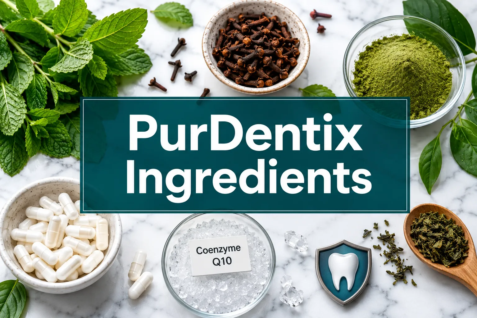 Professional () hero image with 'PurDentix Ingredients' in crisp white on a deep teal semi-transparent panel, centered with