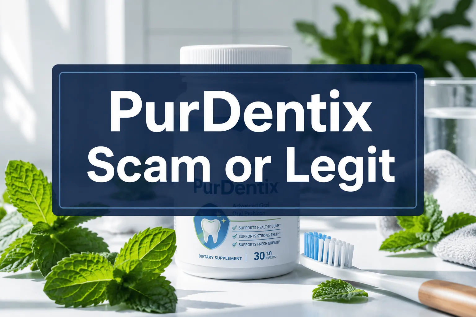 Professional () hero image with 'PurDentix Scam or Legit' in crisp white on a deep navy semi-transparent panel, centered