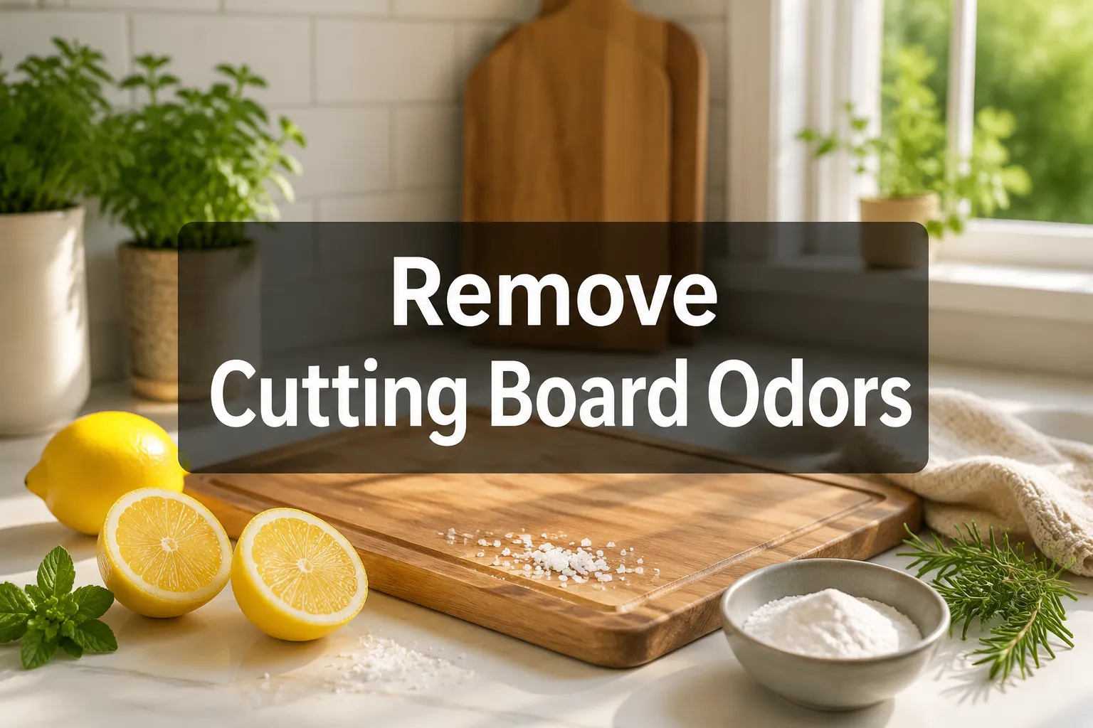 Professional () hero image with 'Remove Cutting Board Odors' in crisp white on a semi-transparent dark panel, centered with