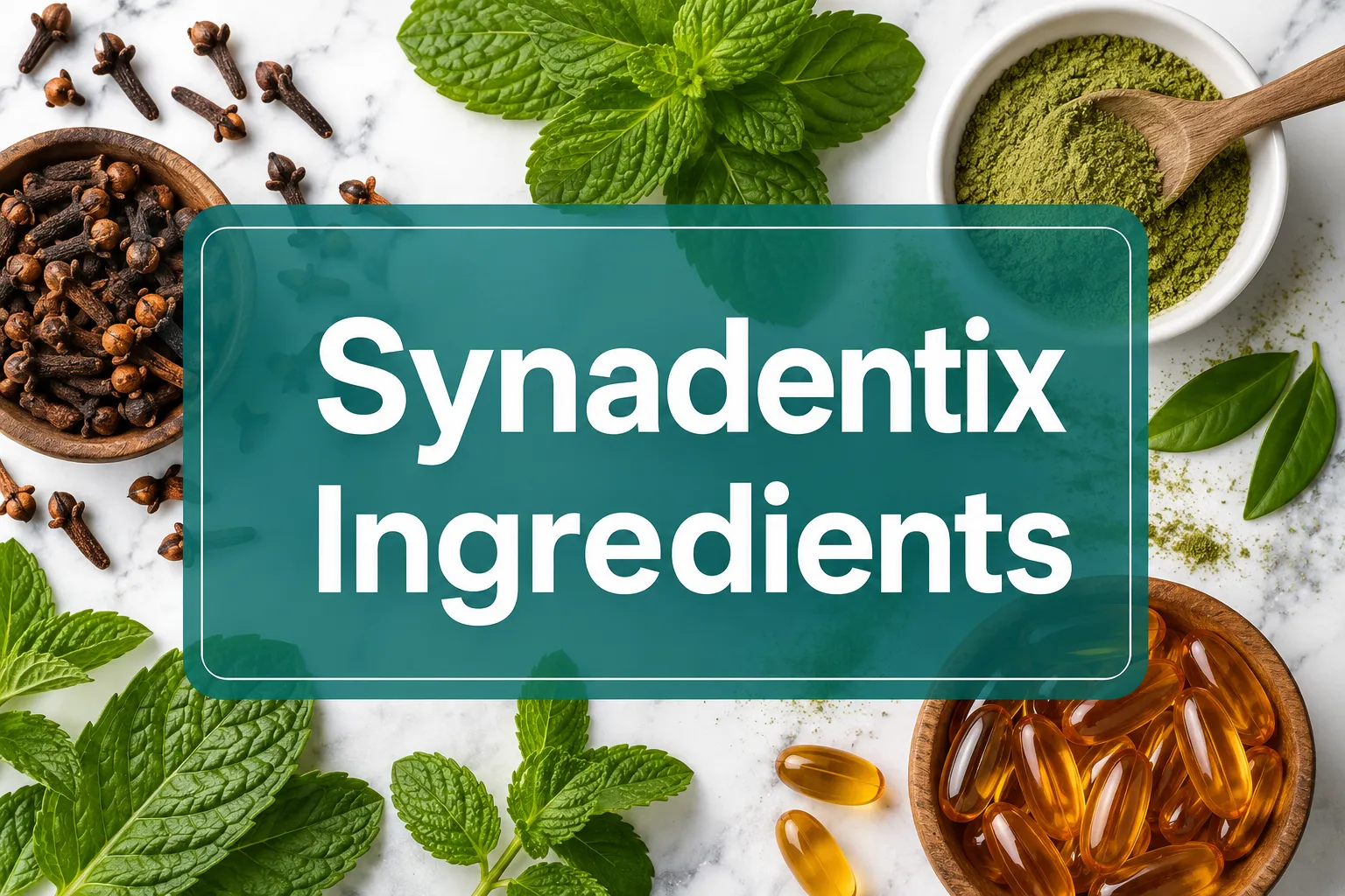 Synadentix ingredients 1 Professional () hero image with 'Synadentix Ingredients' in crisp white on a deep teal semi-transparent panel, centered with