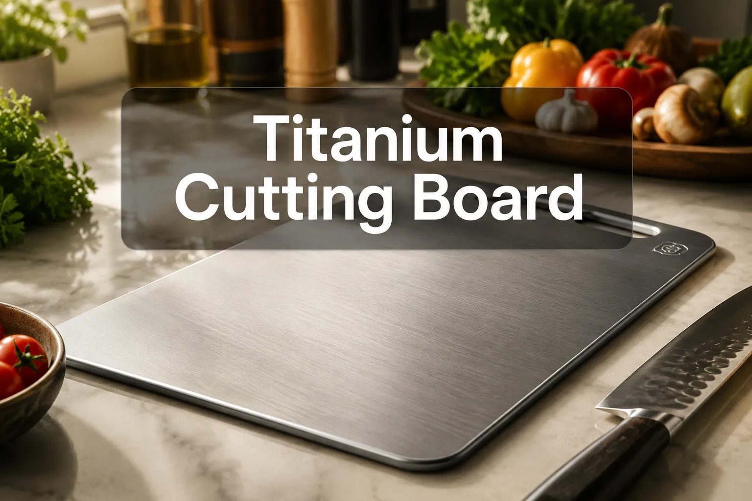 Titanium Cutting Board 1 Professional () hero image with 'Titanium Cutting Board' in crisp white on a semi-transparent dark panel, centered with 8%