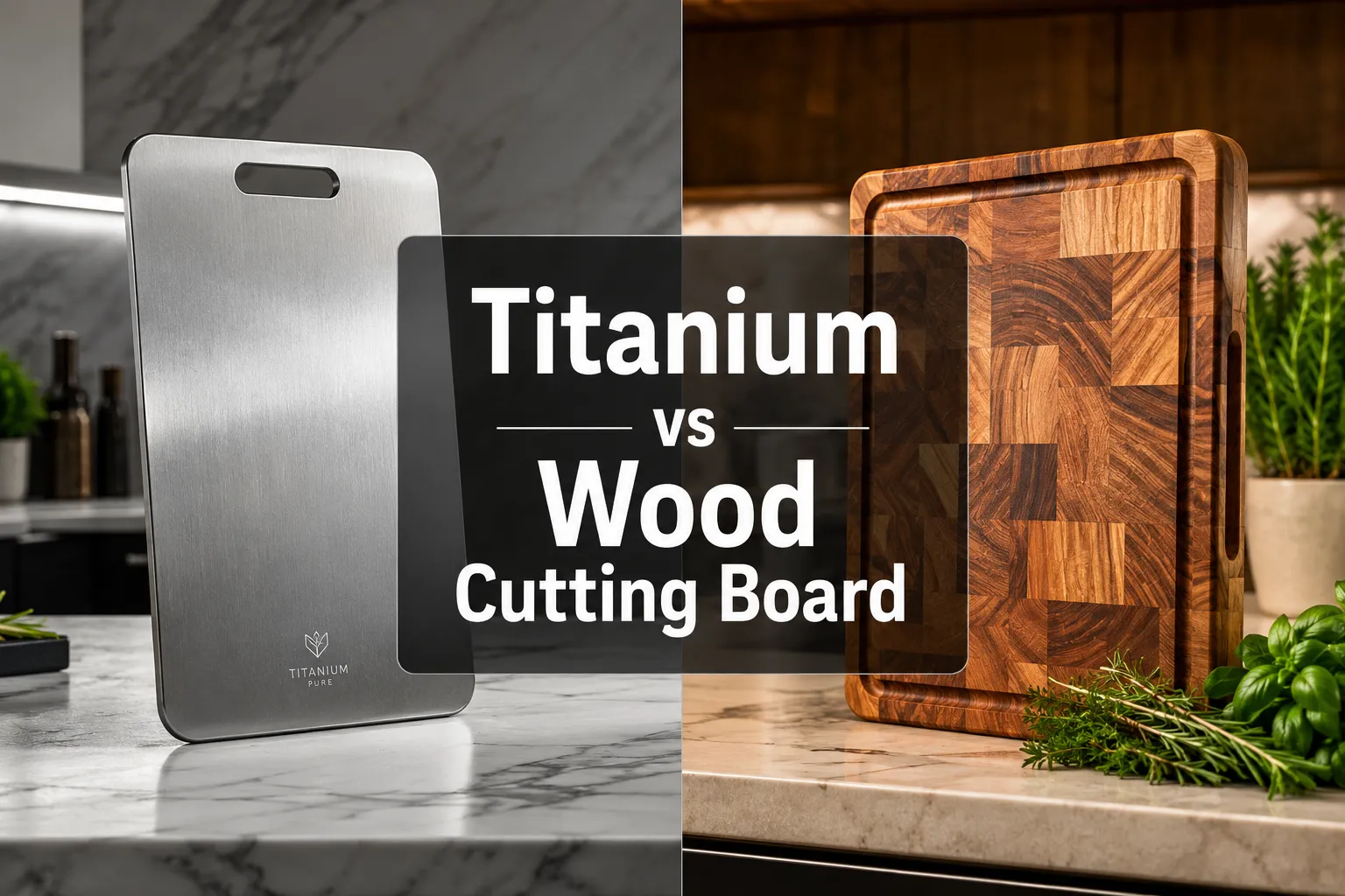 Professional () hero image with 'Titanium vs Wood Cutting Board' in crisp white on a dark semi-transparent panel, centered