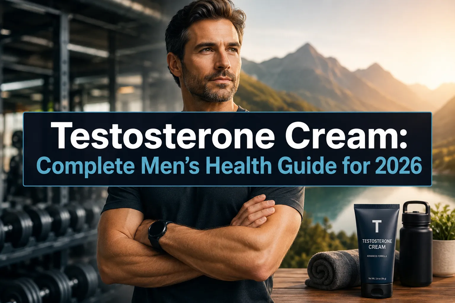 Testosterone Cream 1 A reading "Testosterone Cream: Complete Men's Health…". CRITICAL TYPOGRAPHY RULES: render the text on 1–2 lines, centered,