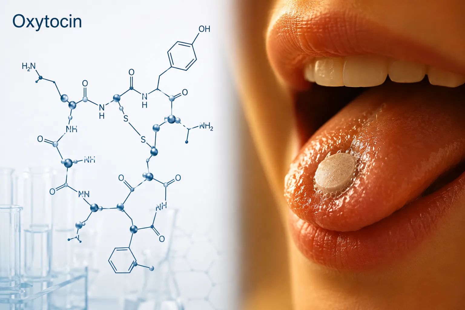 Desire Rx Sublingual tablet · libido support (Oxytocin /Bremelanotide) 2 Editorial (): Split-screen conceptual illustration — left half shows a stylized molecular diagram of oxytocin peptide