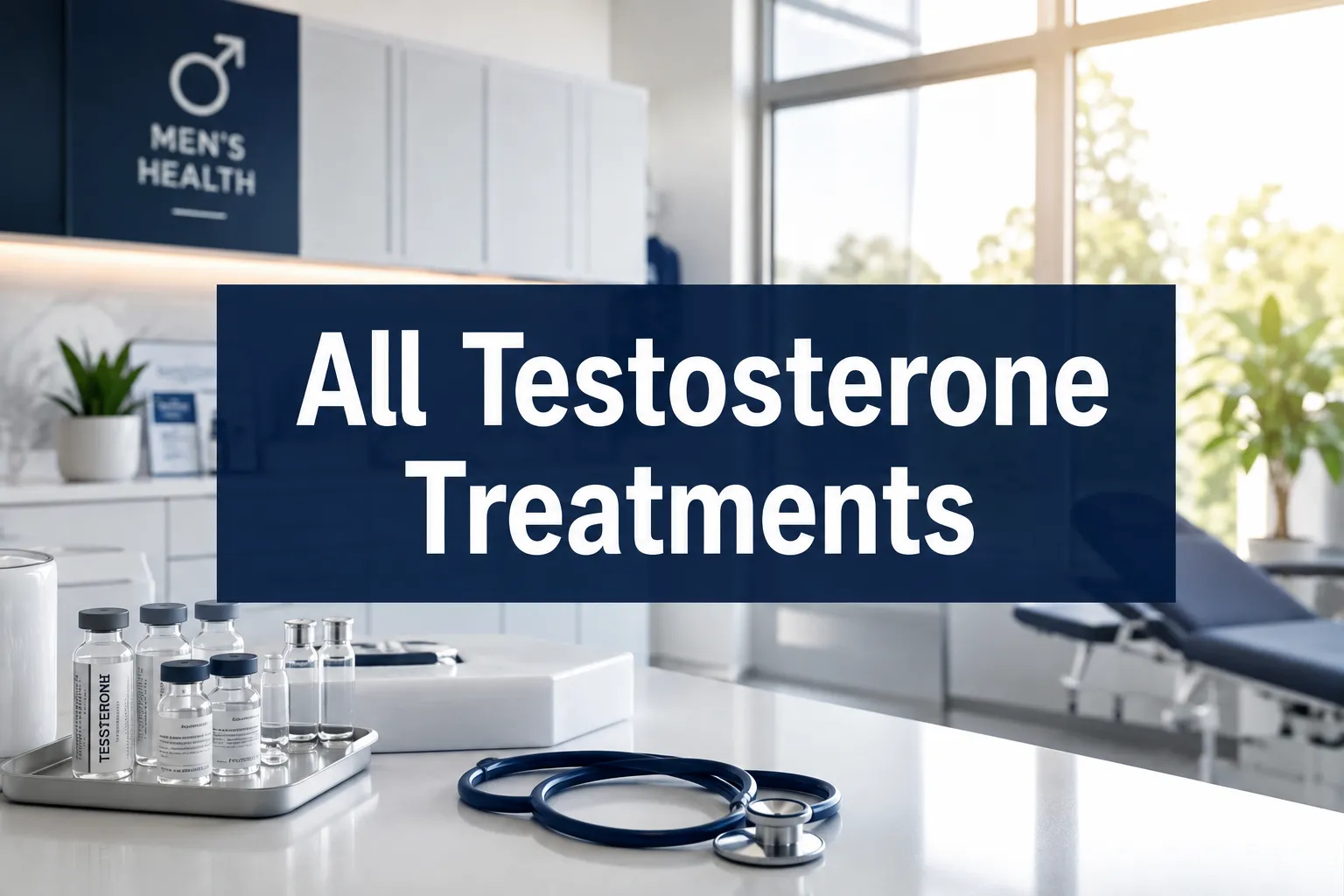 Professional () hero image with 'All Testosterone Treatments' in crisp white on a deep navy semi-transparent panel, centered
