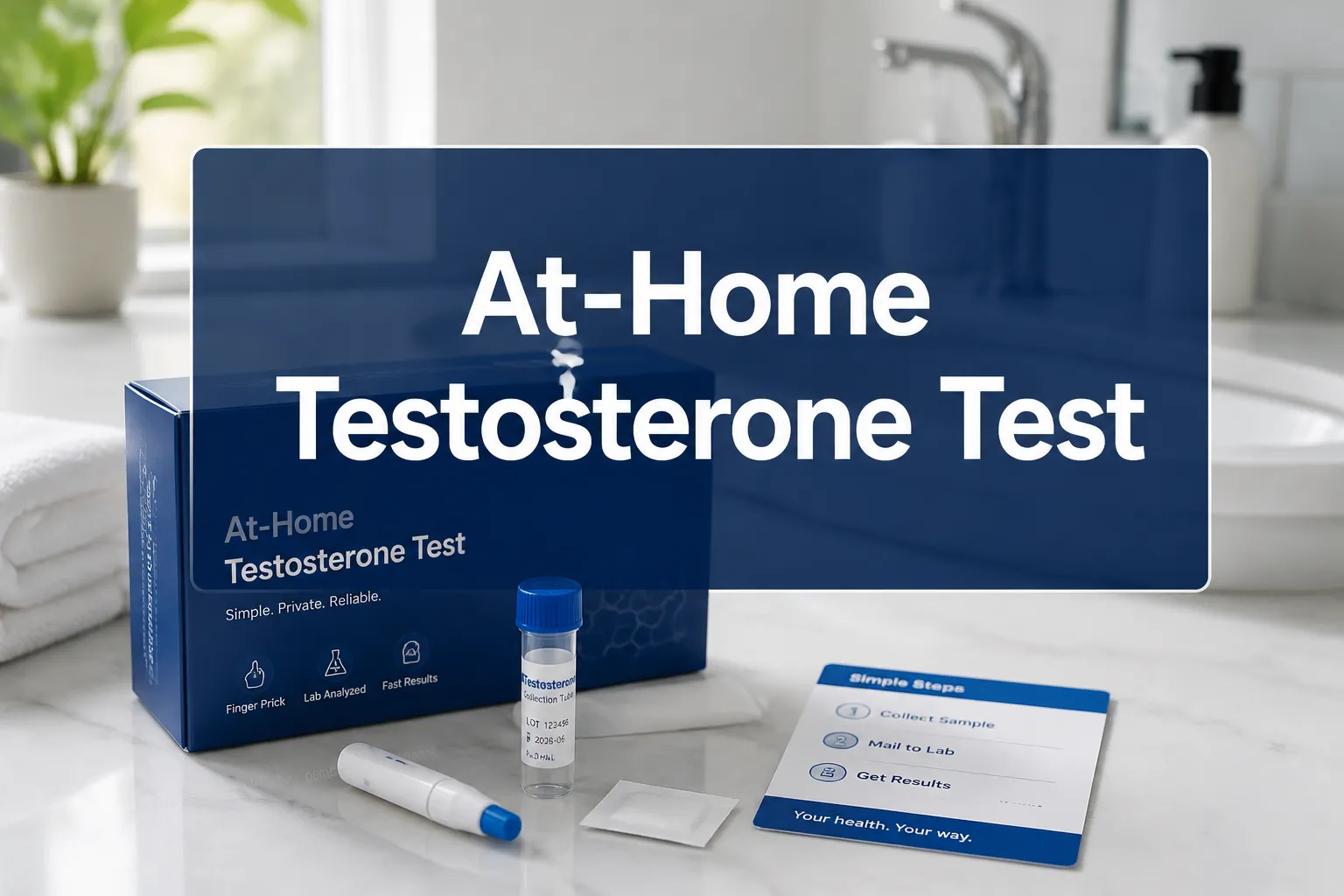At-Home Testosterone Test 1 Professional () hero image with 'At-Home Testosterone Test' in crisp white on a deep navy semi-transparent panel, centered