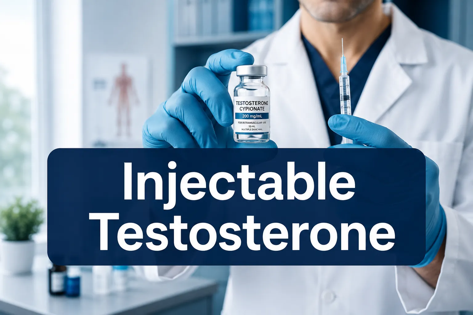 Professional () hero image with 'Injectable Testosterone' in crisp white on a deep navy semi-transparent panel, centered