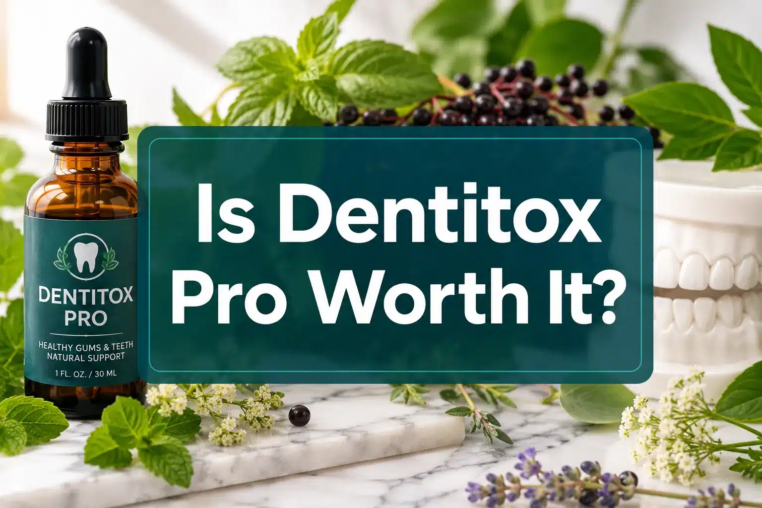 Professional () hero image with 'Is Dentitox Pro Worth It?' in crisp white on a deep teal semi-transparent panel, centered