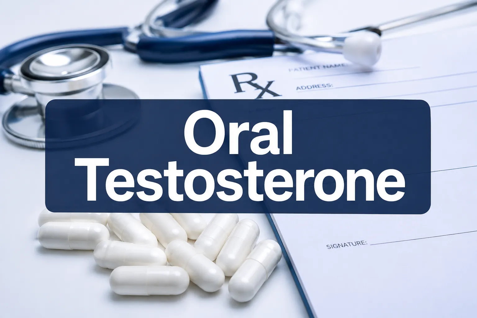 Professional () hero image with 'Oral Testosterone' in crisp white on a deep navy semi-transparent panel, centered with 8%