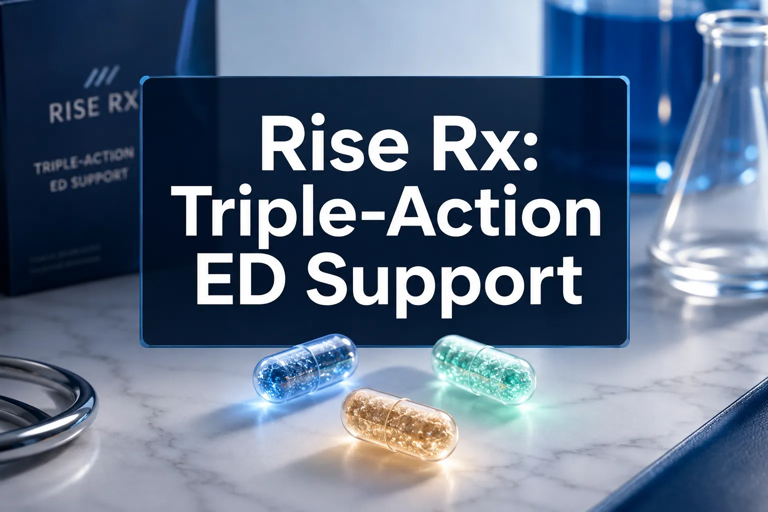 Rise Rx Tablet · triple-action ED support (Apomorphine /Tadalafil / Vardenafil) 1 Professional () hero image with 'Rise Rx: Triple-Action ED Support' in crisp white on a deep navy semi-transparent panel,