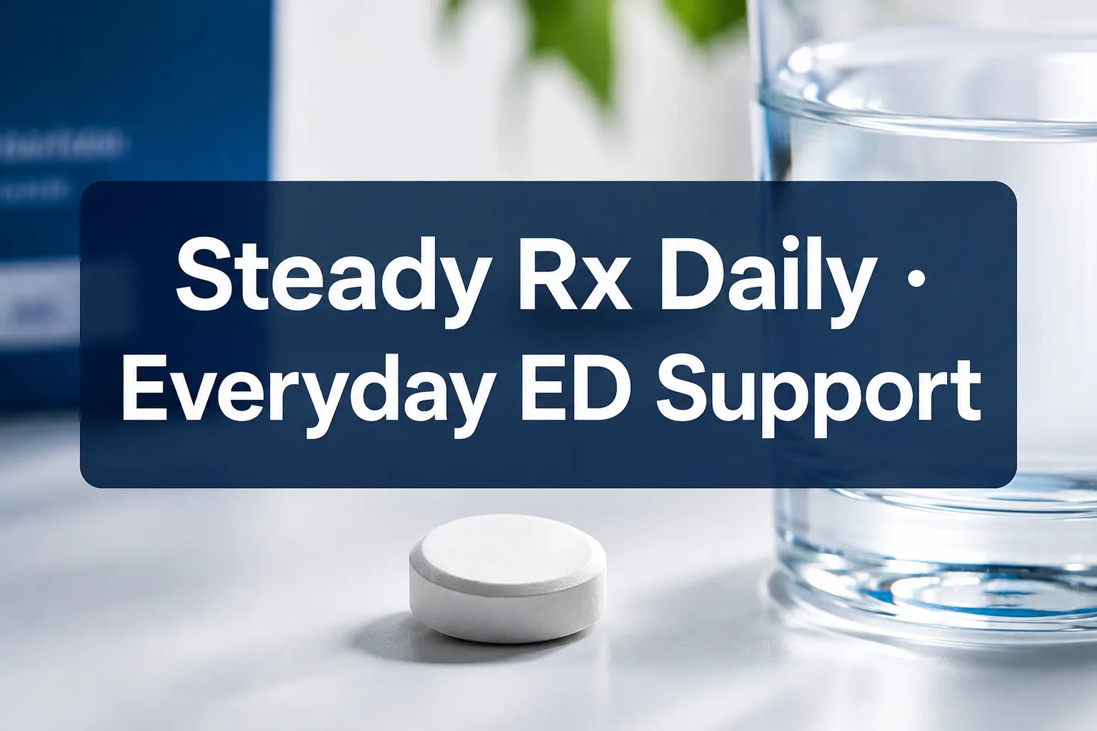 Professional () hero image with 'Steady Rx Daily · Everyday ED Support' in crisp white on a deep navy semi-transparent