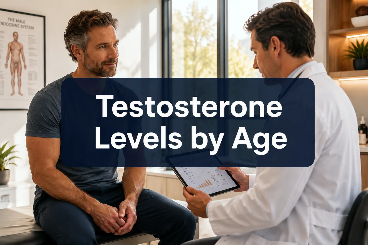 Professional () hero image with 'Testosterone Levels by Age' in crisp white on a deep navy semi-transparent panel, centered