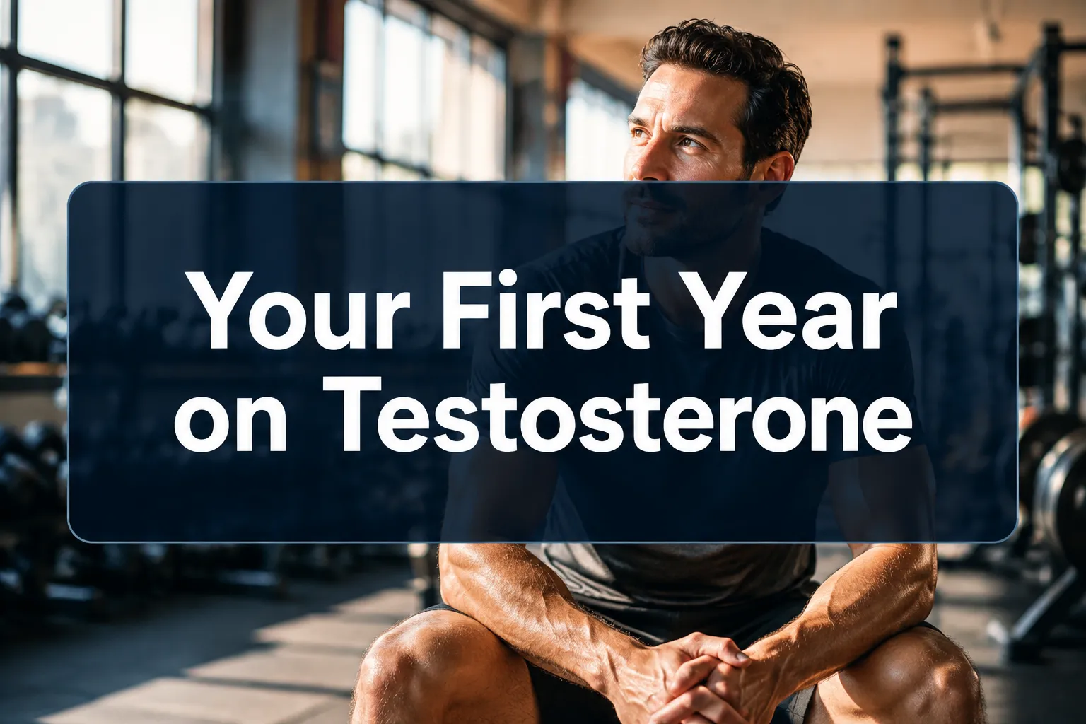 Professional () hero image with 'Your First Year on Testosterone' in crisp white on a deep navy semi-transparent panel,