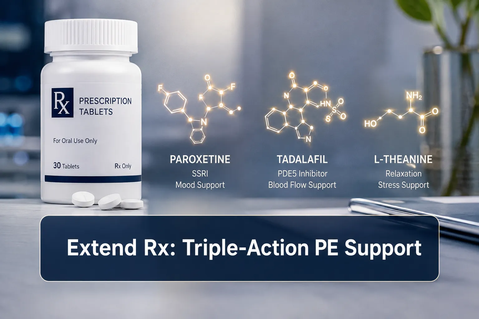 Extend Rx Tablet · triple-action lasting-longer / PE support(Paroxetine / Tadalafil / L-Theanine) 1 Professional () hero image with (≤42 chars): 'Extend Rx: Triple-Action PE Support' in crisp white on a deep navy